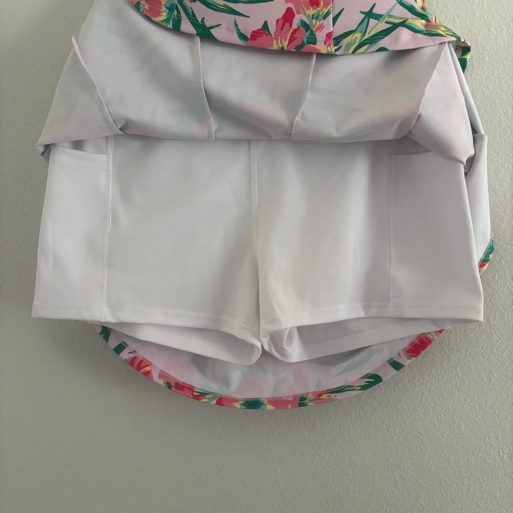 VOGO Athletica Tropical Floral Skort Pink Active Skirt w/ Built-In Shorts Size L